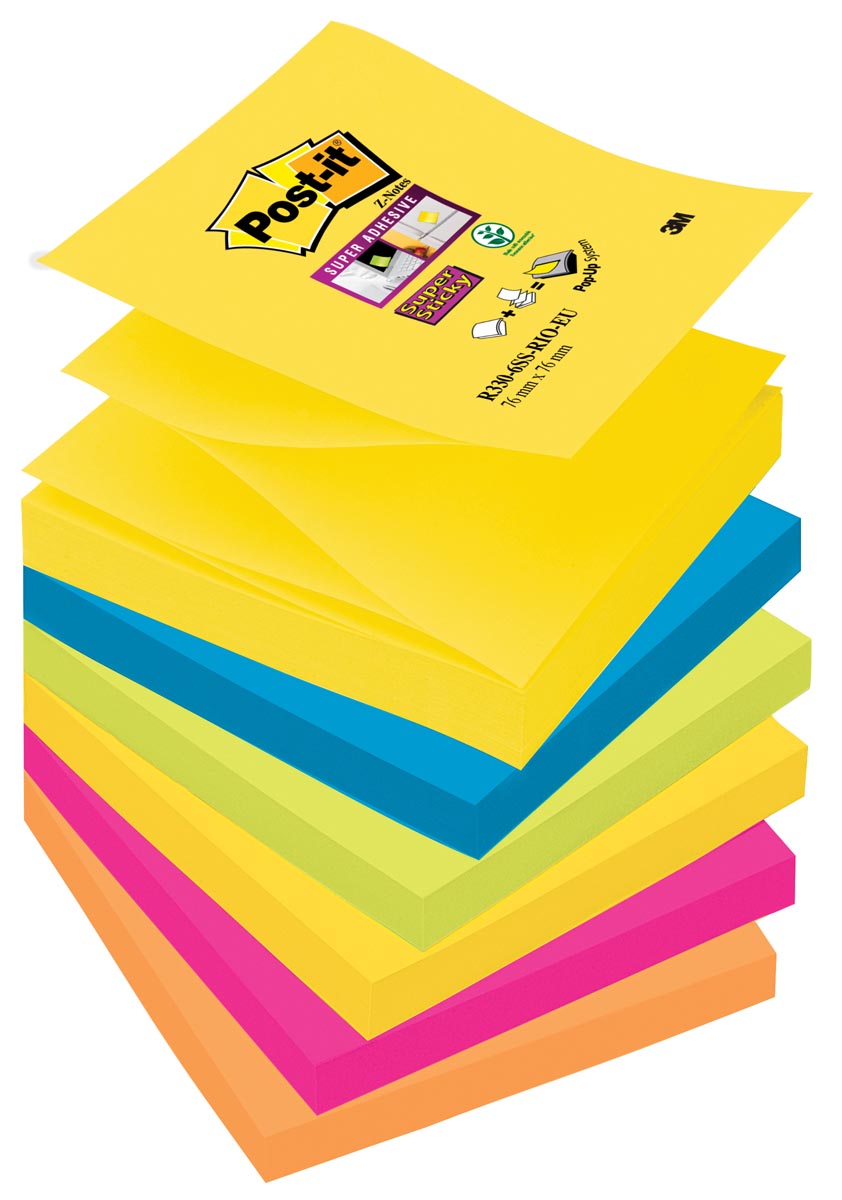 Post-it-super klebry z-notes karneval, 90 bloß, ft 76 x 76 mm, packung mit 6 blocks