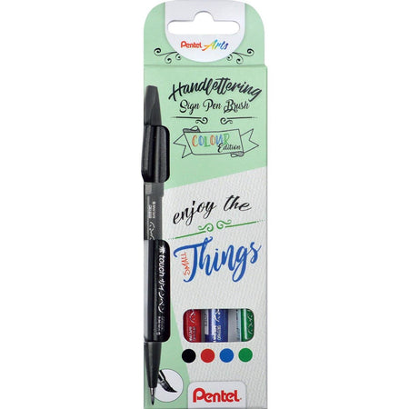 Pentel - Brushpen Sign Pen Brush Touch, étui en carton avec 4 pièces : noir, bleu, rouge et vert