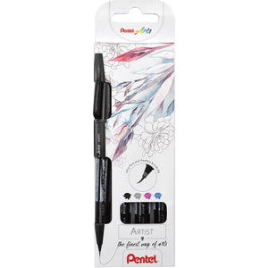Pentel - Brushpen Artist, étui en carton de 4 pièces : noir, gris, turquoise et rose