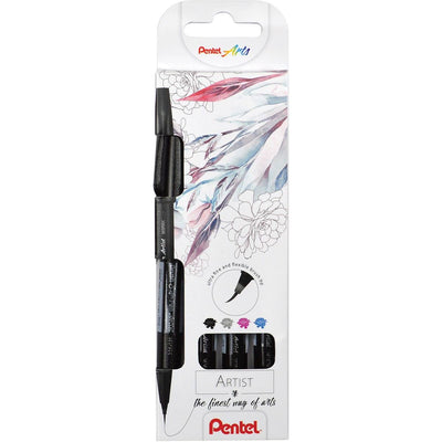 Pentel - Brushpen Artist, étui en carton de 4 pièces : noir, gris, turquoise et rose