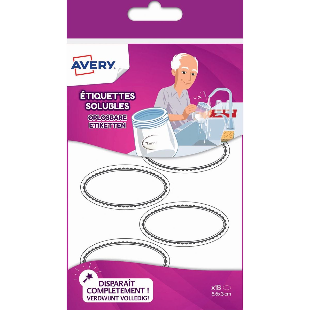 Avery -  Family ovale oplosbare etiketten, ft 5,5 x 3 cm, ophangbare etui met 18 etiketten