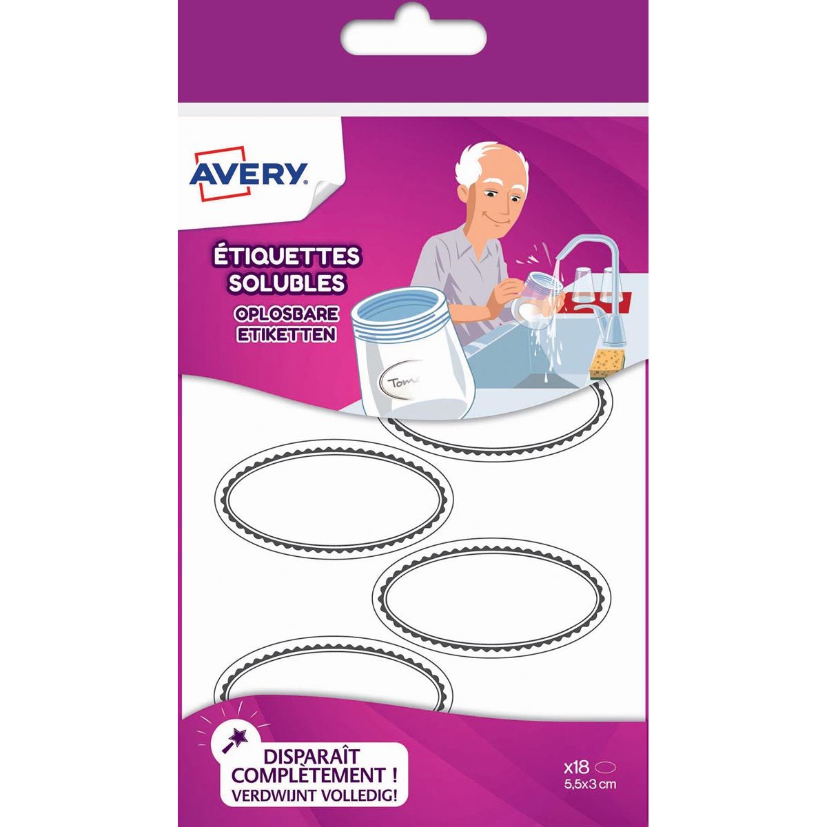 Avery - Étiquettes solubles ovales de la famille, FT 5,5 x 3 cm, boîtier de la gamme avec 18 étiquettes