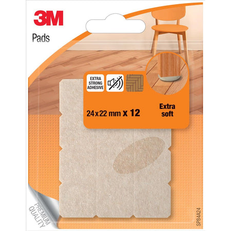 3M - Patins en feutre, Extra doux, pi 24 x 22 mm, blister de 12 pièces