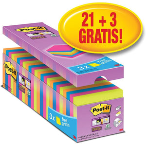 Post-it Super Sticky -  super Sticky notes, 90 vel, ft 76 x 76 mm, geassorteerde kleuren, pak van 21 blokken + 3 gratis