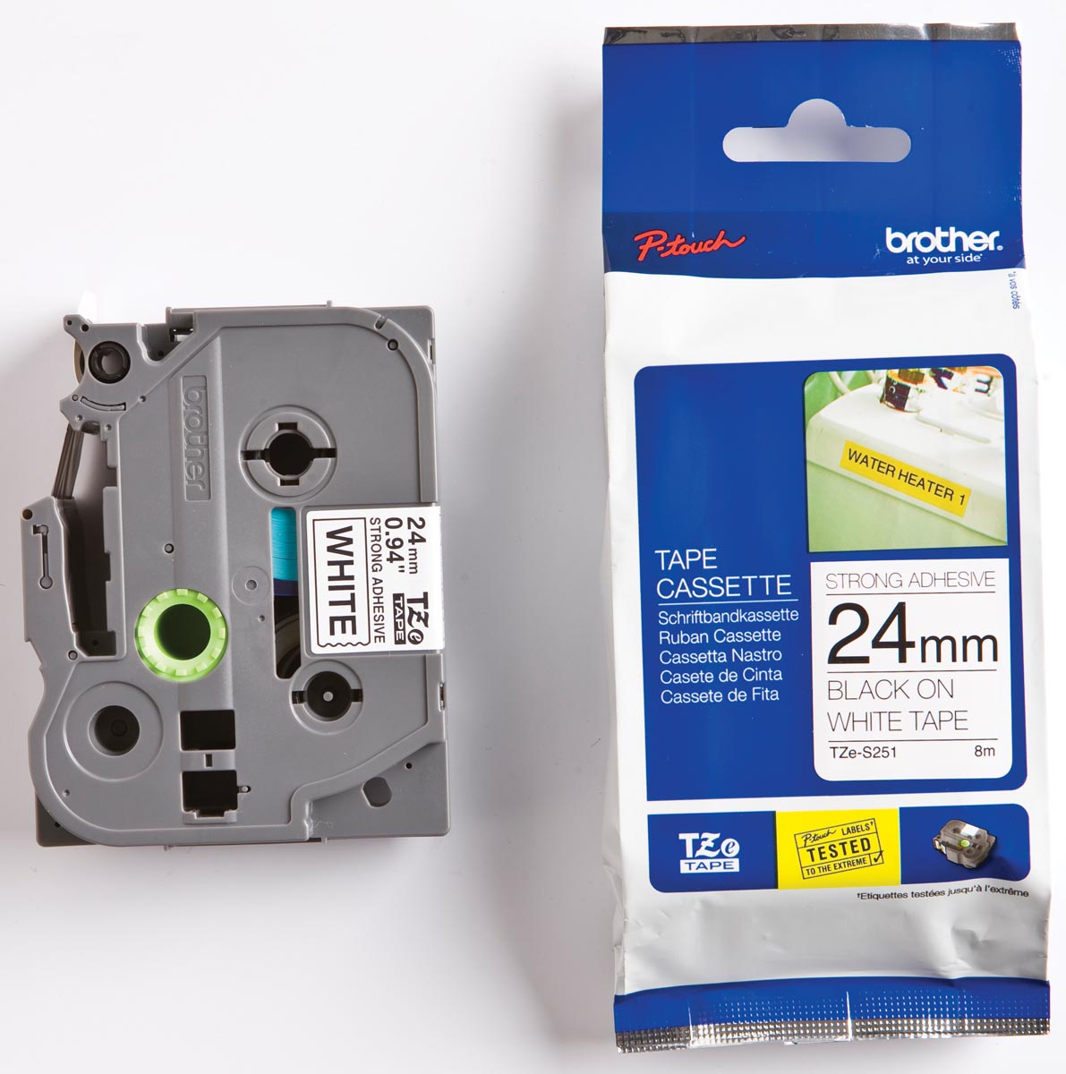 Brother -  TZe e voor P-Touch 24 mm, zwart op wit, extra klevend