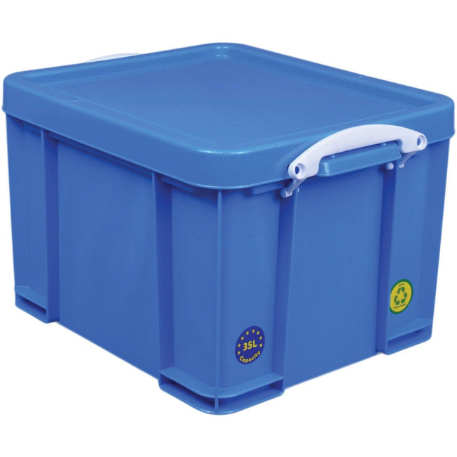 Really Useful Box - Boîte de rangement Box 35 litres, bleu fluo avec poignées blanches