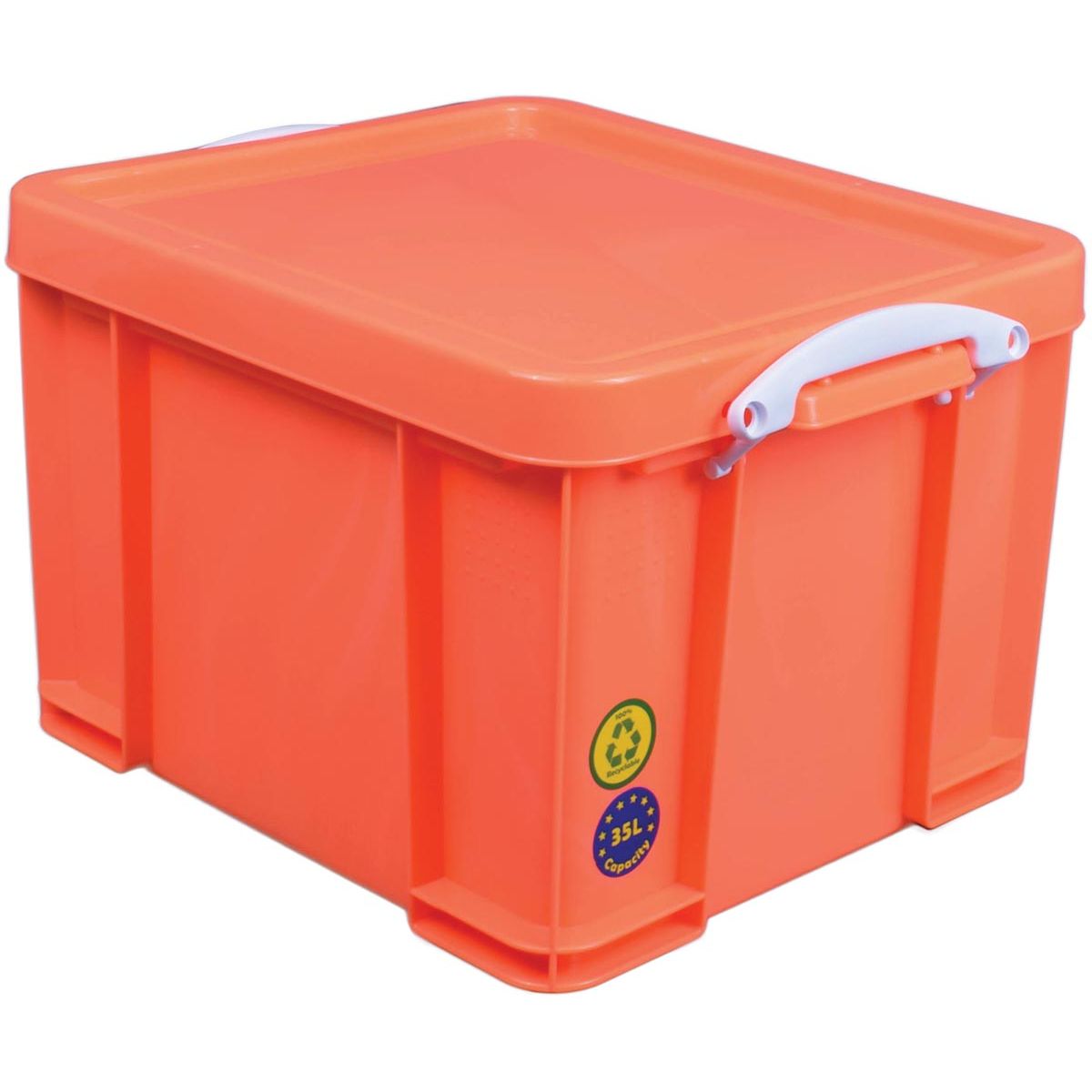 Really Useful Box – Box Aufbewahrungsbox 35 Liter, neonorange mit weißen Griffen