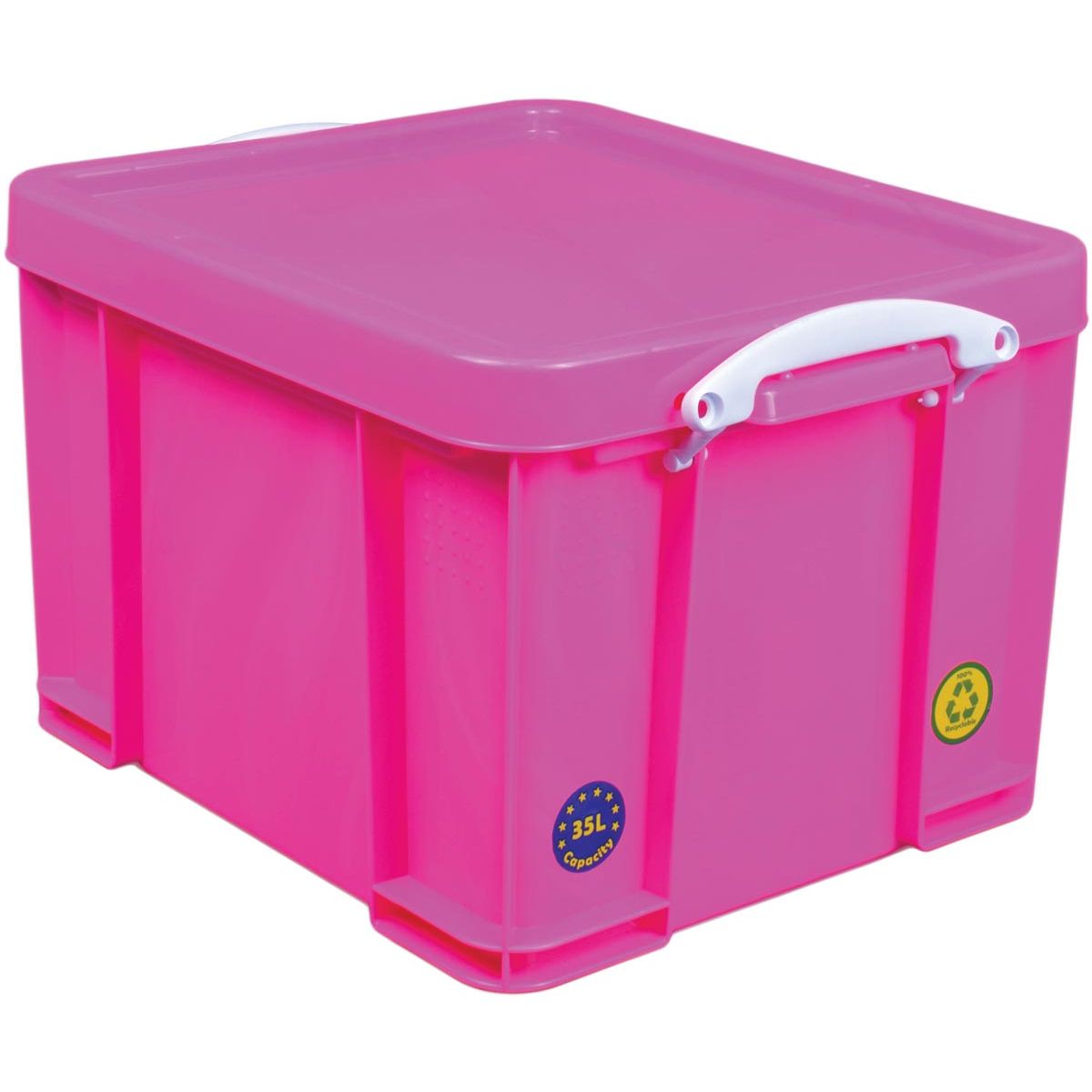 Really Useful Box - Boîte de rangement Box 35 litres, rose fluo avec poignées blanches