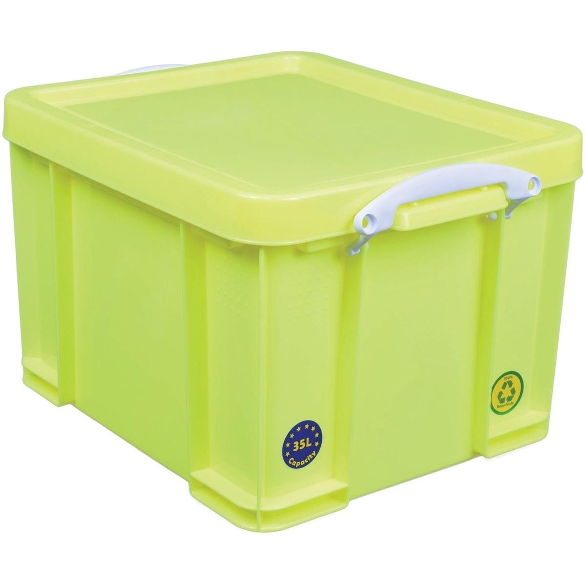 Really Useful Box - Boîte de rangement Box 35 litres, jaune fluo avec poignées blanches