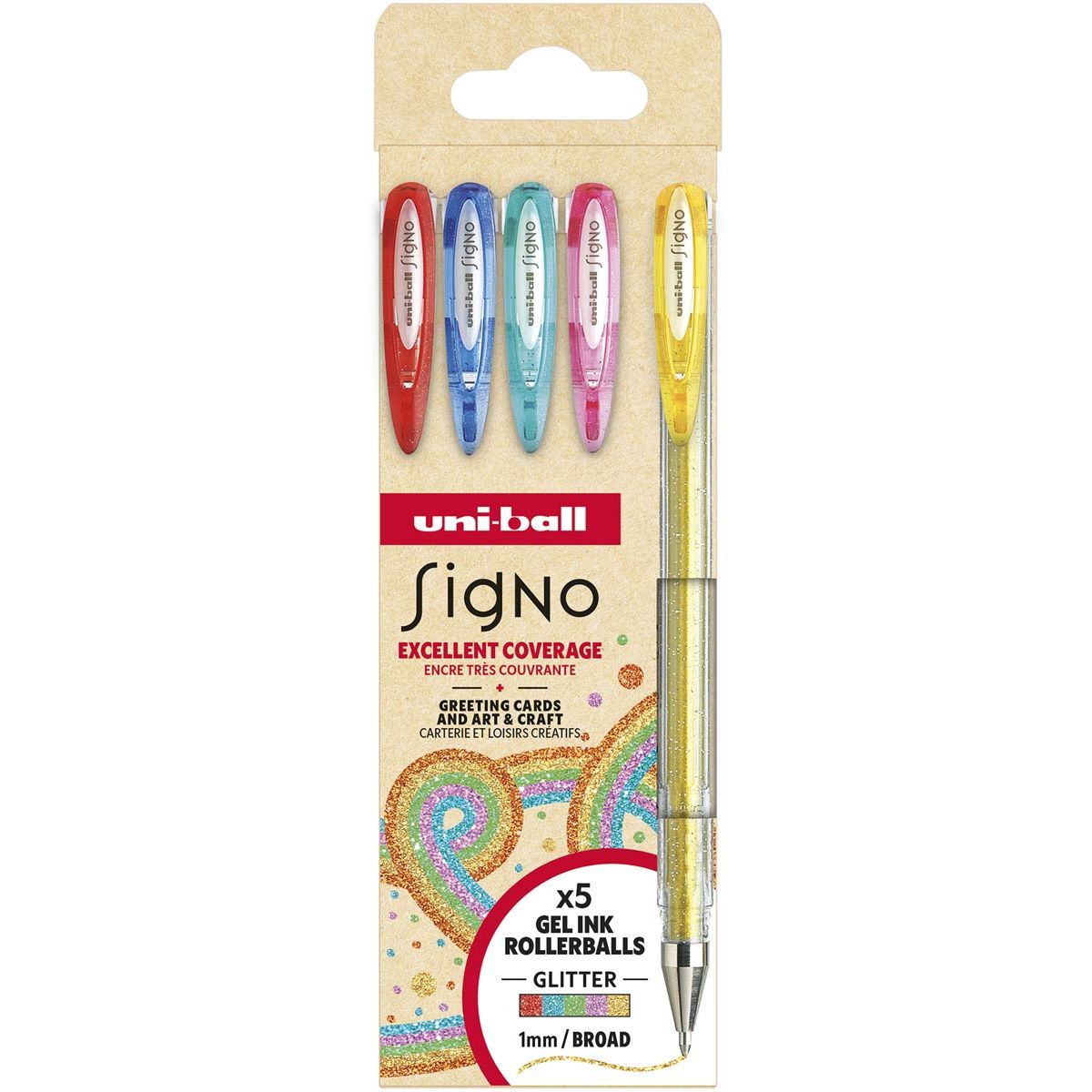 Uni-ball - roller Signo Glitter, pointe large, couleurs assorties, étui de 5 pièces