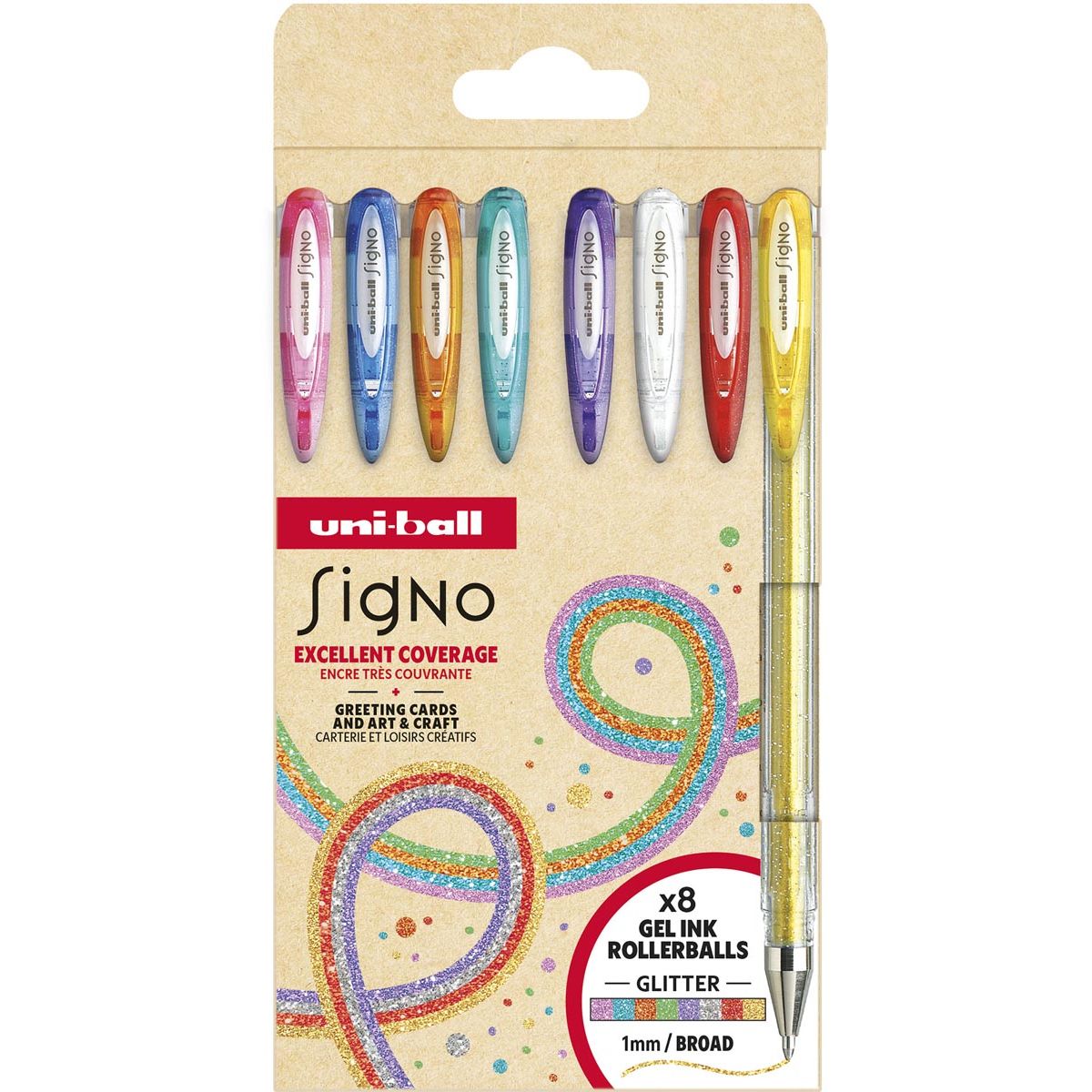 Uni-ball -  roller Signo Glitter, pointe large, geassorteerde kleuren, etui van 8 stuks