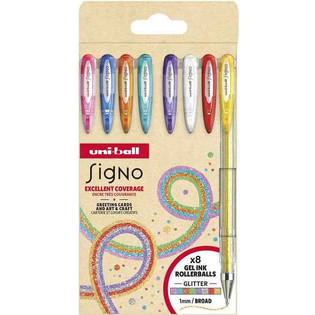 Uni-ball -  roller Signo Glitter, pointe large, geassorteerde kleuren, etui van 8 stuks