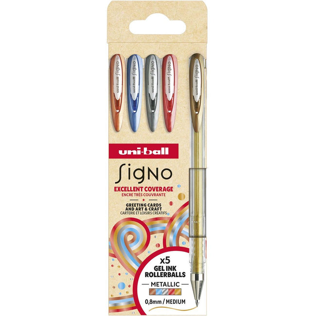 Uni-Ball - Tintenroller Signo Metallic, mittlere Spitze, verschiedene Farben, Karton mit 5 Stück