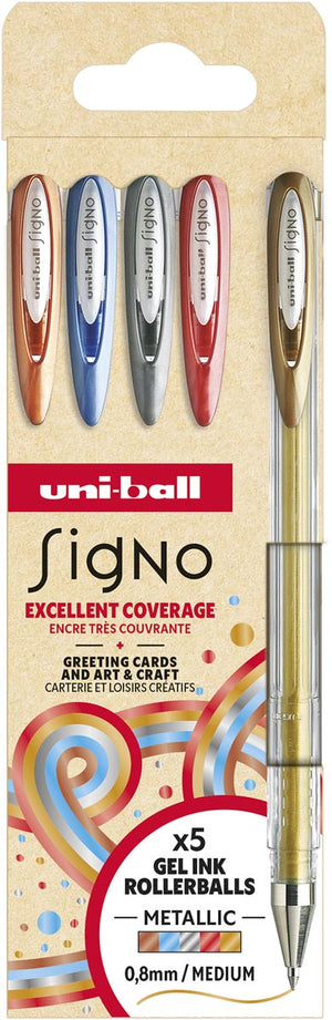 Uni-ball - roller Signo Metallic, pointe moyenne, couleurs assorties, caisse de 5 pièces