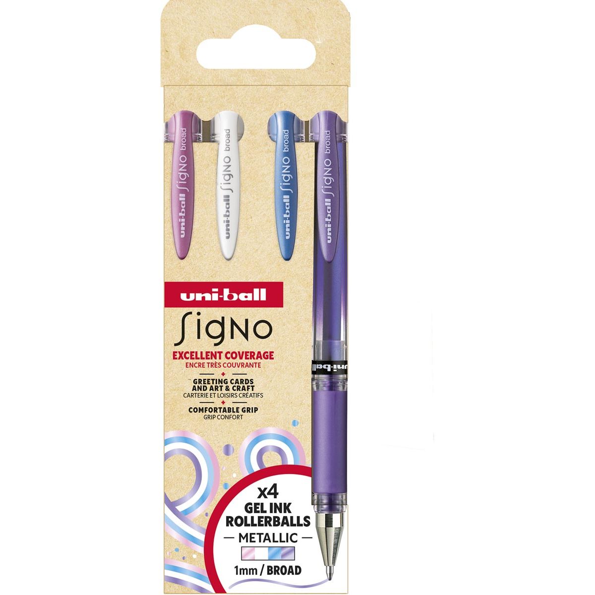 Uni-ball - roller Signo Broad Creative, pointe large, étui de 4 pièces : rose, blanc, bleu, violet