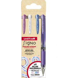 Uni-ball - roller Signo Broad Creative, pointe large, étui de 4 pièces : rose, blanc, bleu, violet