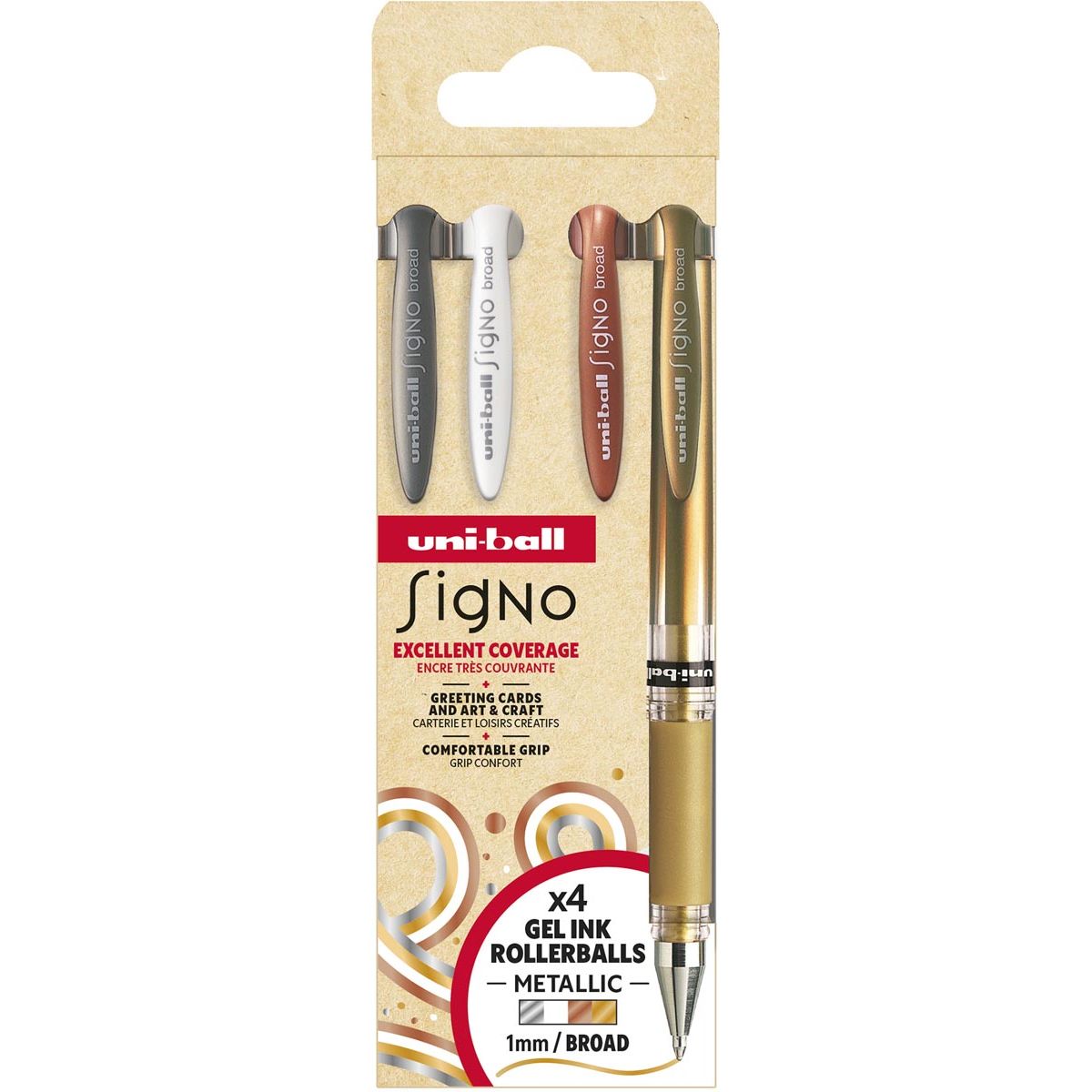 Uni-ball - roller Signo Broad Creative, pointe large, étui de 4 pièces : argent, blanc, bronze, or