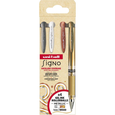 Uni-ball - roller Signo Broad Creative, pointe large, étui de 4 pièces : argent, blanc, bronze, or