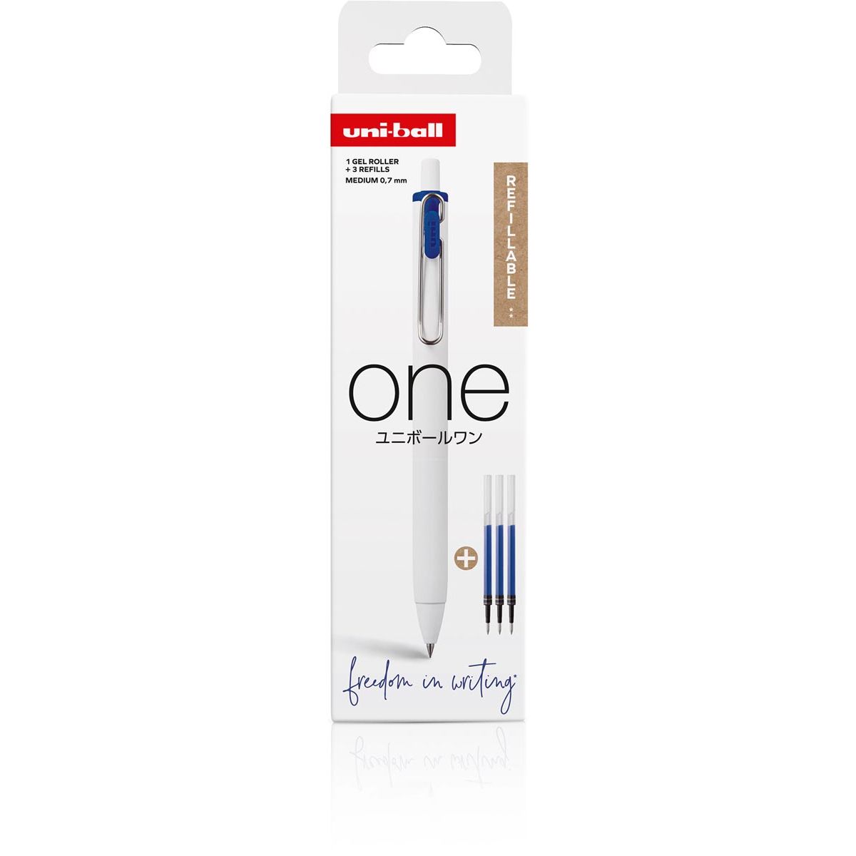 Uni-ball - ONE gel roller 0,7 mm bleu, 1 rouleau + 3 recharges