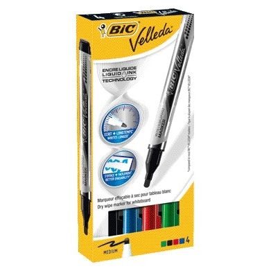 Velleda - Marqueur pour tableau blanc liquide rond moyen assorti 4 pièces