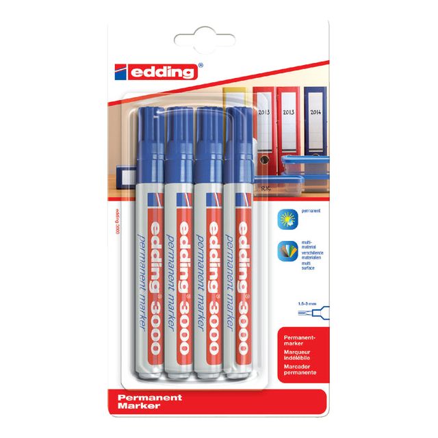 Edding - Permanent marker 3000, blauw, blister met 4 stuks