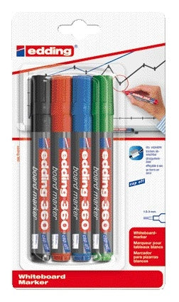 Edding - Marqueur tableau blanc 360 rond 1,5-3mm blister assorti de 4 pièces
