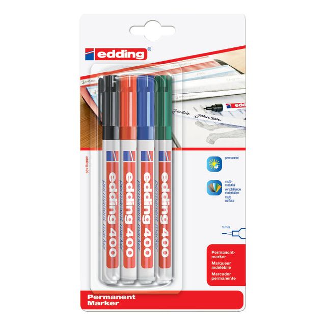 Edding - permanent marker 400 blister van 4 stuks in geassorteerde kleuren