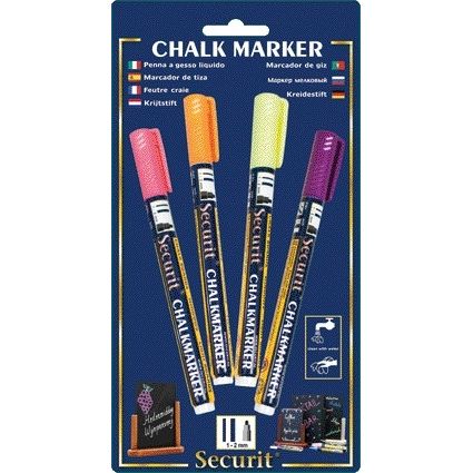 Securit - Marqueur craie SMA-100 rond 1-2mm jaune/orange/rose/violet blister de 4 pièces