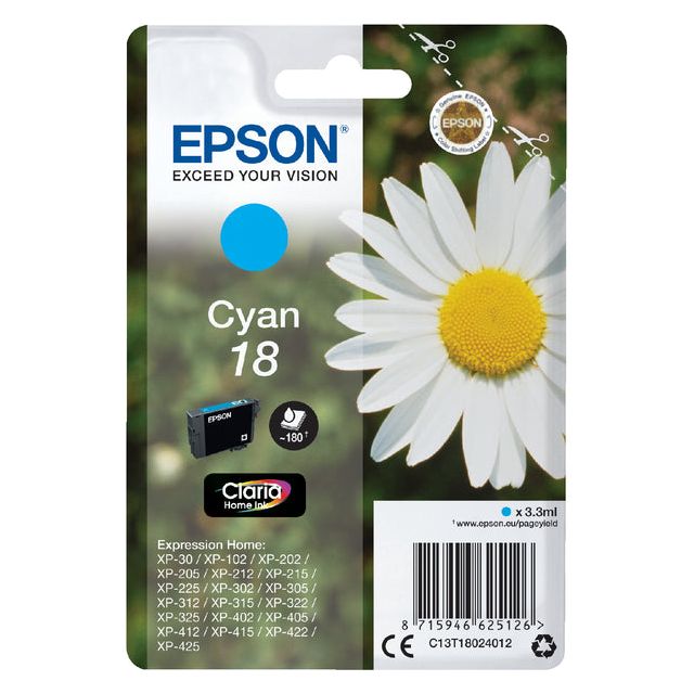 EPSON - CARTRIDE DE L'ENK 18, 180 pages, OEM C13T18024012, Cyan