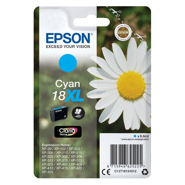 EPSON - CARTRIDE DE L'INK 18XL, 450 pages, OEM C13T18124012, Cyan