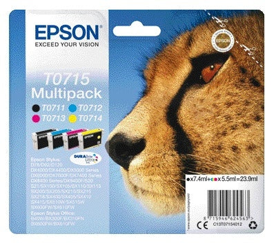 Epson - Cartouche d'encre T0715 noire + 3 couleurs | 8 pièces