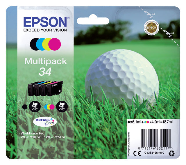 EPSON - CARTOUCE À L'ENK 34, 300 - 350 pages, OEM C13T34664010, 4 couleurs