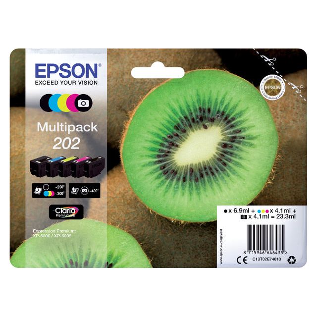 Epson - Inktcartridge epson 202 t02e74 zwart + 3 kl +f-zw | 5 stuks