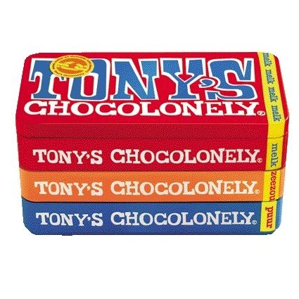 Tony's Chocolonely - Chocolat pur lait et caramel sel marin boîte 540gr | 8 pièces