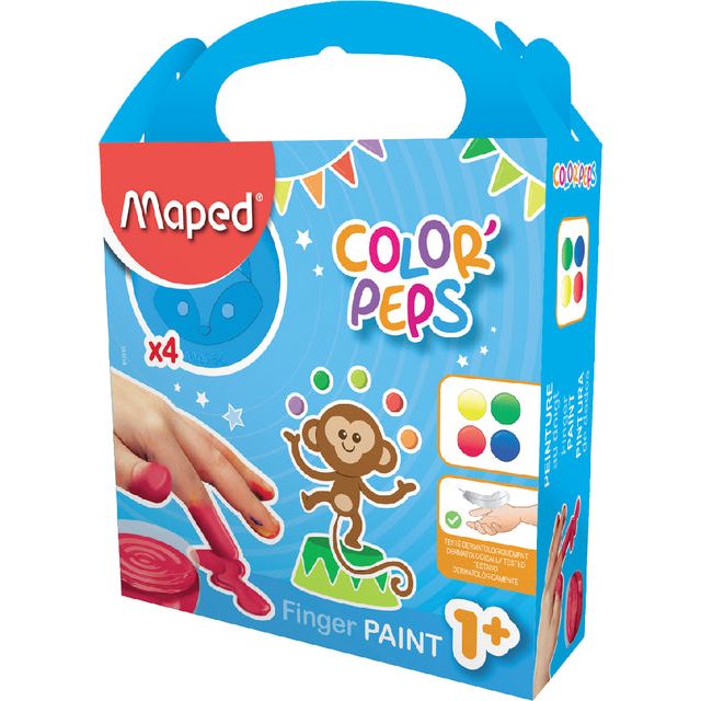 Mapte - Color'Peps de peinture au doigt, Boîte de 4 pots de 80 ml en couleurs assorties