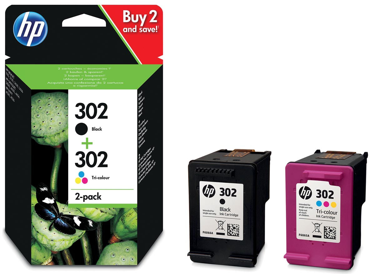 HP - inktcartridge 302, 165 - 190 pagina's, OEM X4D37AE, 1 x zwart en 1 x 3 kleuren