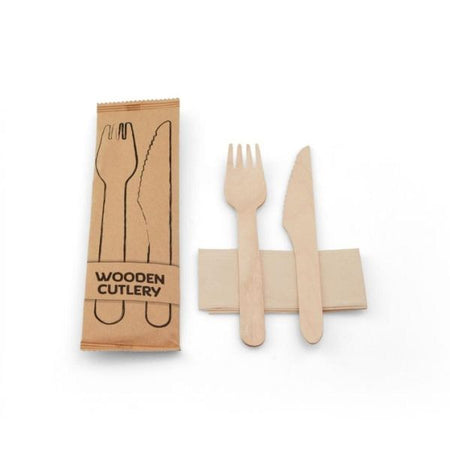 set de couverts en bois couteau - fourchette - serviette 100 pièces
