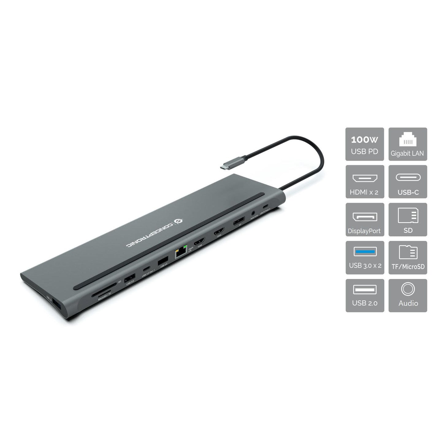 CONCEPTRONIC -   DONN17G laptop dock poortreplicator Bedraad USB 3.2 Gen 1 (3.1 Gen 1) Type-C Grijs