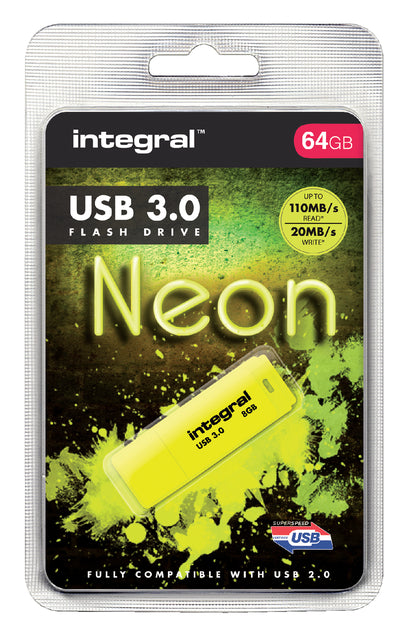 Intégrale - Stick USB 3,0 néon, 64 Go, Geel