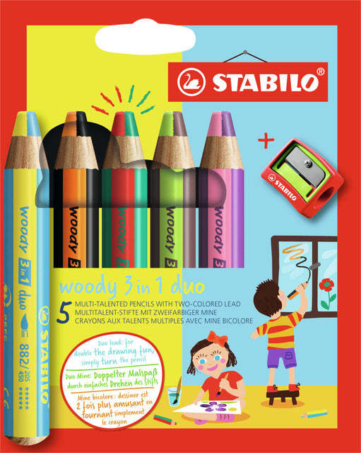 STABILO - Crayon coloré en duo Woody 3in1, étui à 5 pièces, assorti