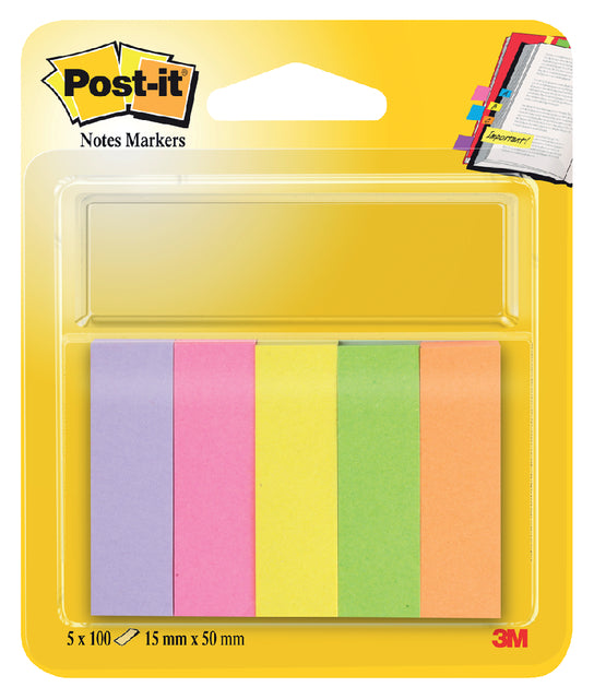 Post-it - Notes Markers, ft 15 x 50 mm, geassorteerde kleuren, blister met 5 blokjes van 100 vel