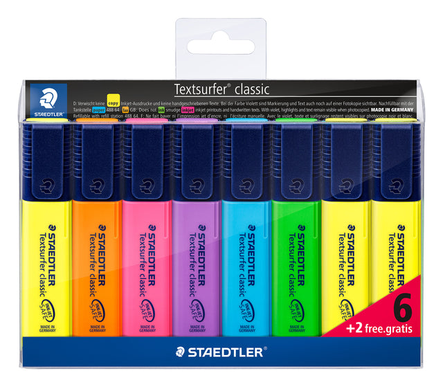 Staedtler - Markerstift Textsurfer Classic Penny de 8 pièces: jaune, orange, rose, violet, bleu, vert et ...