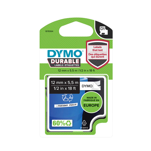 Dymo - D1 durable E 12 mm x 5 m, noir et blanc