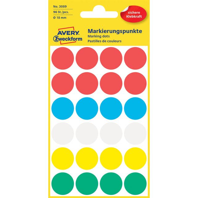 Avery Zweckform - Étiquettes rondes Diamètre 18 mm, couleurs assorties, 96 pièces