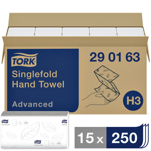 Tork - papieren handdoeken Advanced, 2-laags, 250 vellen, systeem H3, wit, pak van 15 stuks