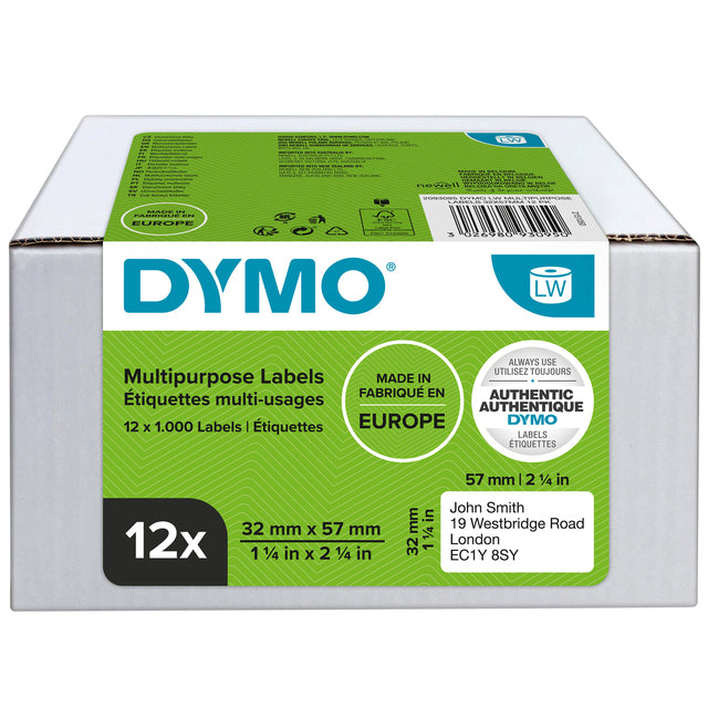 Dymo - Pack de valeur: Étiquettes Labelter FT 57 x 32 mm, amovible, blanc, boîte de 12 x 1000 étiquettes