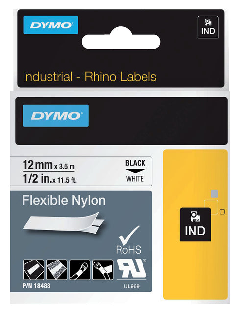 Dymo - RHINO flexibele nylone 12 mm, zwart op wit