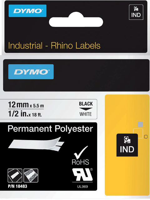 Dymo - Étiquettes Rhino 18483 Polyester 12 mmx5,5 m noir sur blanc