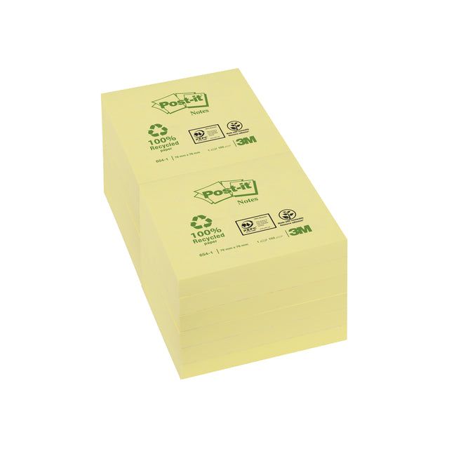 Post-it-MemoBlok 3M Post-It 654 76x76mm Recycle Yellow | Box A 12 Stück x 100 Blatt | 12 Stücke