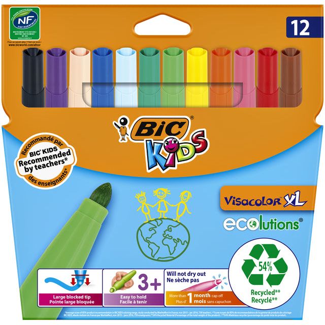 BIC Kids - Kids Viltstift Visacolor XL Ecolutions 12 stiften in een kartonnen etui